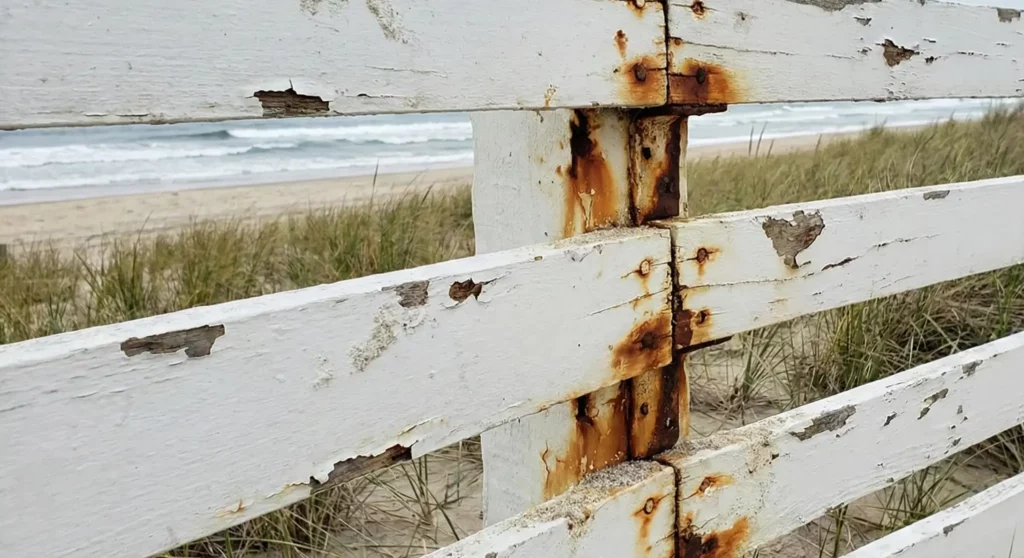 recinzione bianca in legno al mare colore si scrosta
